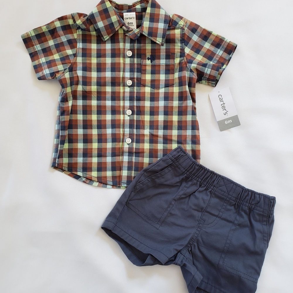 New Carters Boy 2pc Plaid Shirt & Navy Short